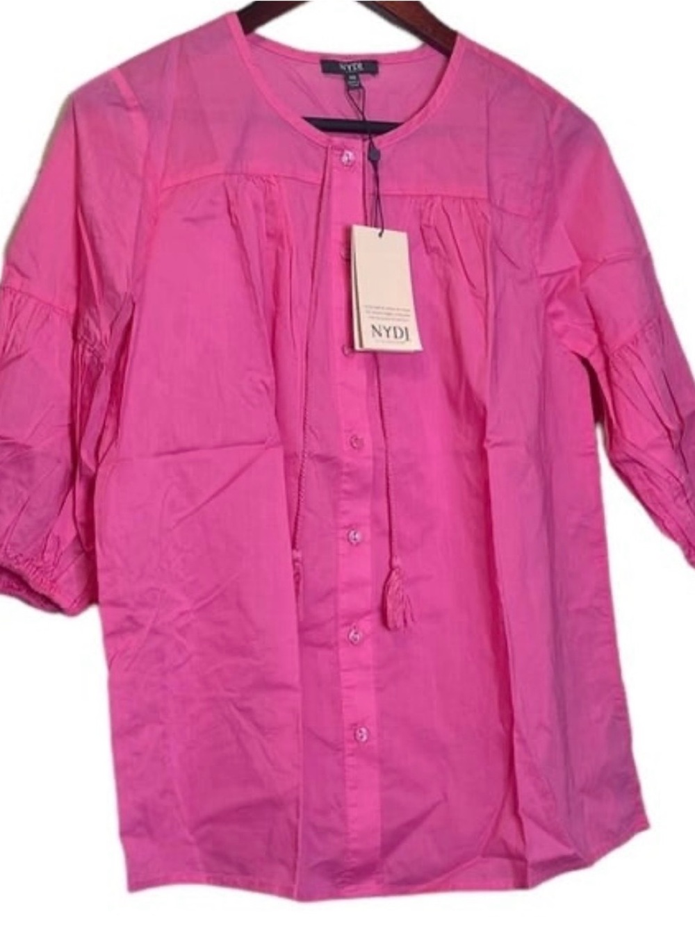 NYDJ Pink Puff Sleeve Tassel Tie Button Front Cotton Boho Peasant Top XS NWT